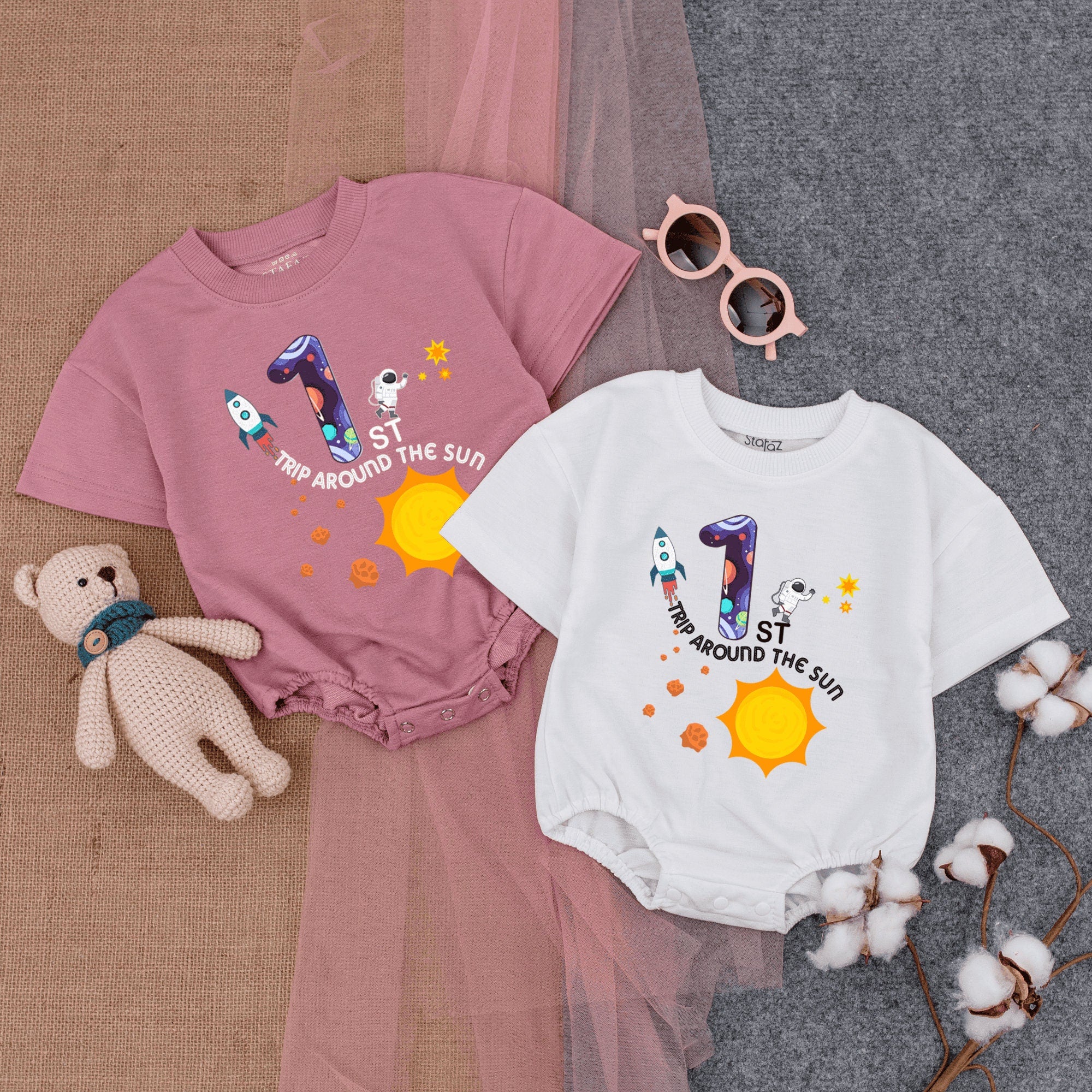 1st Trip Around the Sun Baby Boy Romper Space Theme Birthday Outfit with Rocket Sun Planets Astronaut Infant Bodysuit First Birthday