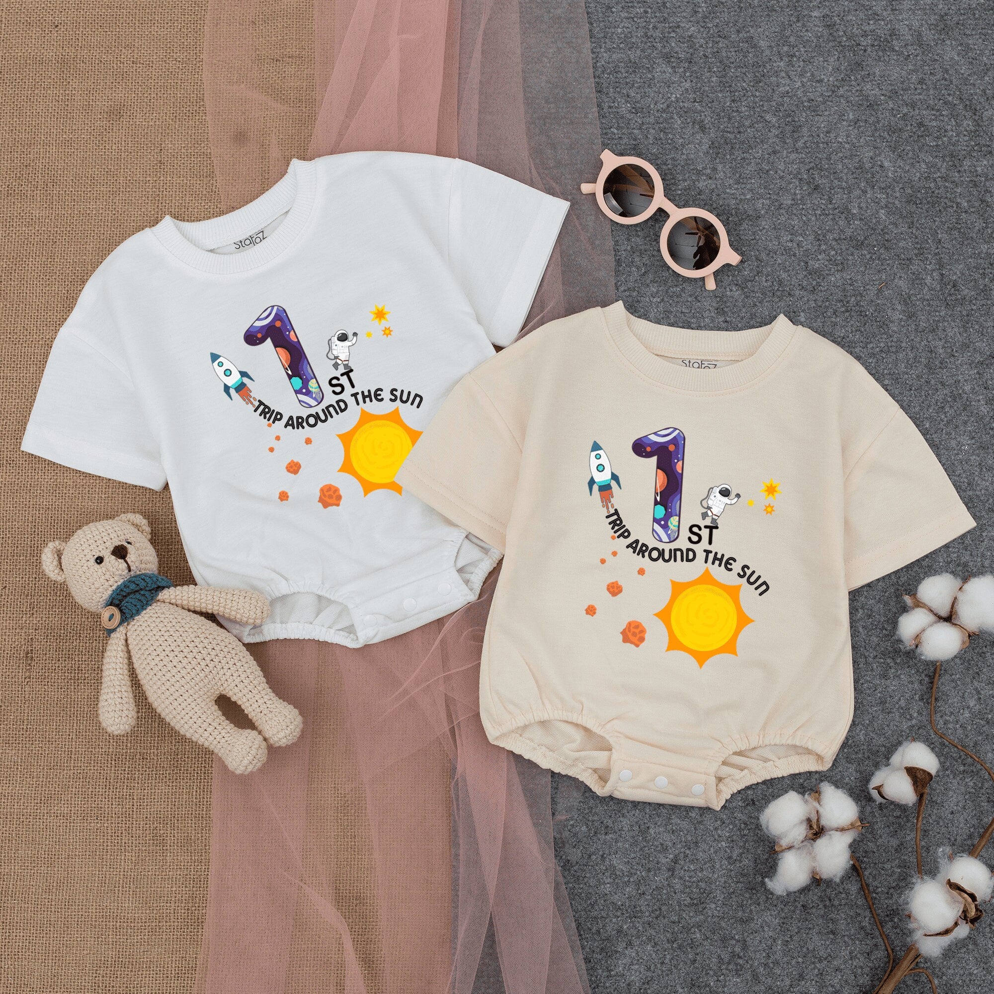 1st Trip Around the Sun Baby Boy Romper Space Theme Birthday Outfit with Rocket Sun Planets Astronaut Infant Bodysuit First Birthday