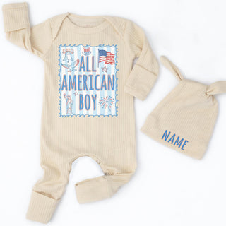 All American Boy Baby Romper with Patriotic Stars & Stripes Design and Custom Name Hat, Newborn 4th of July Coming Home Outfit