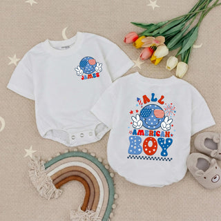 All American Boy Bubble Romper with Patriotic Graphic and Custom Name, 4th of July Baby Outfit for Photos and Celebrations