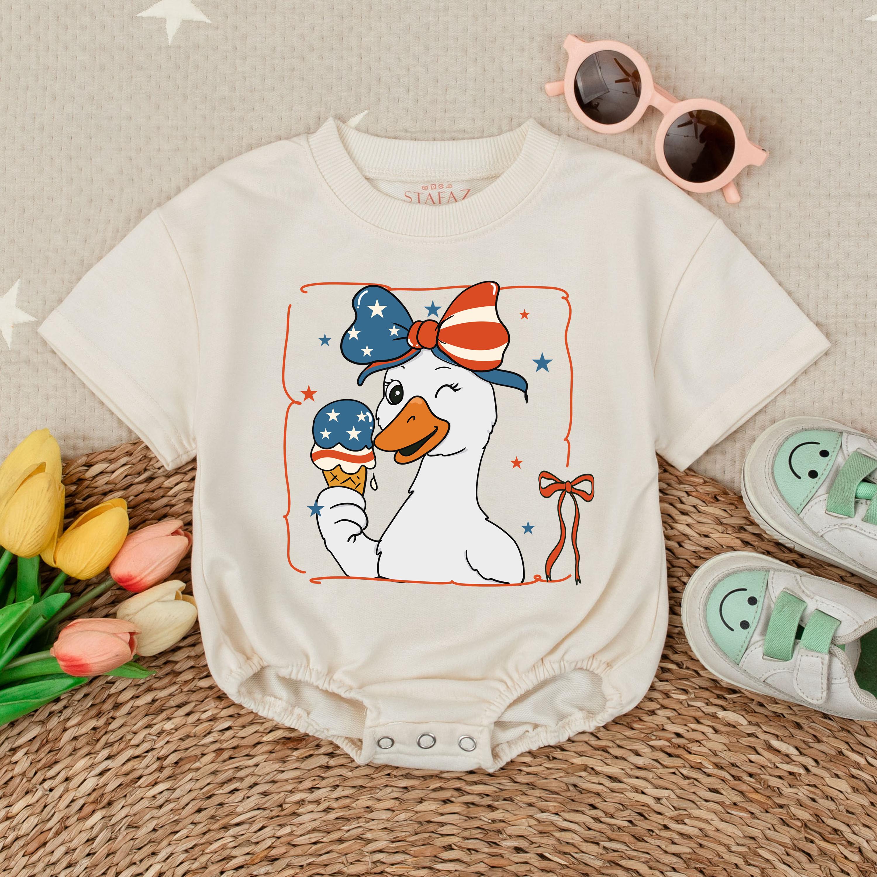 American Goose Baby Girl Romper 4th of July Outfit Patriotic Toddler Bodysuit with Ice Cream Stars and Stripes Summer Celebration