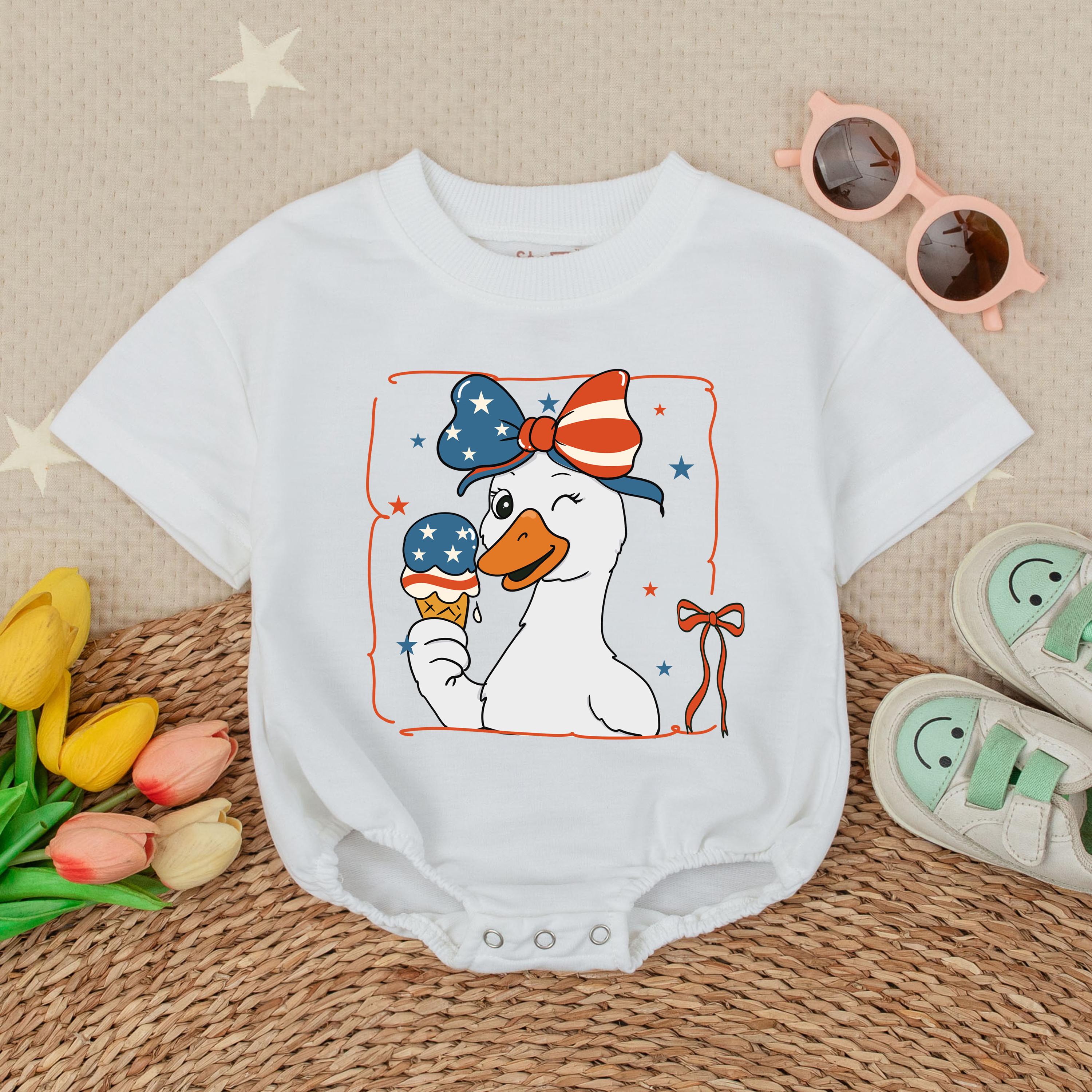 American Goose Baby Girl Romper 4th of July Outfit Patriotic Toddler Bodysuit with Ice Cream Stars and Stripes Summer Celebration
