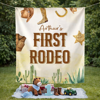 Arthur's First Rodeo Silk Banner with Cactus and Cowboy Graphics, Personalized Western Birthday Backdrop for First Rodeo Party