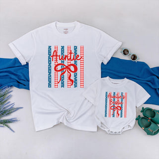 Auntie and Auntie's Bestie Matching Shirts with Patriotic Bow Design, 4th of July Family Outfit, Custom Name Baby Bodysuit Gift