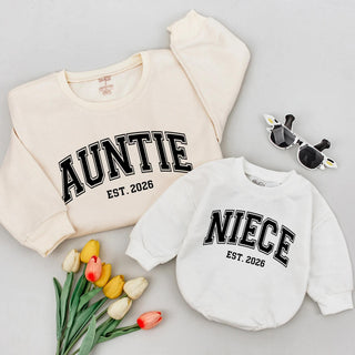 Auntie and Niece Matching Sweatshirts with Bold Retro Font, Custom Est. Year Design, Perfect Gift for New Aunt and Baby