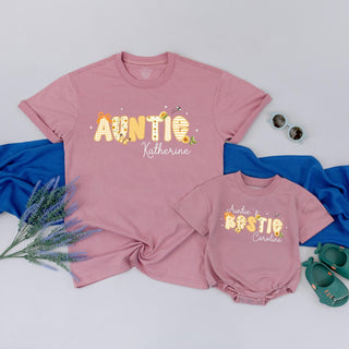 Auntie's Bestie Matching Shirts with Floral Lettering, Custom Name Aunt T-Shirt and Baby Bodysuit Set, New Aunt Gift Outfit