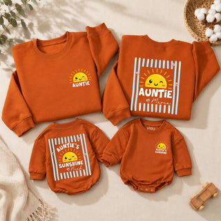 Auntie's Sunshine Matching Sweatshirt and Baby Romper Set with Custom Name, Cute Family Outfit for Aunt and Niece
