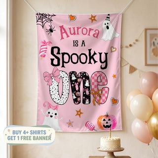 Aurora Is A Spooky One Birthday Silk Banner, Halloween Party Decor with Custom Name, Pink Ghost and Pumpkin Themed Decoration