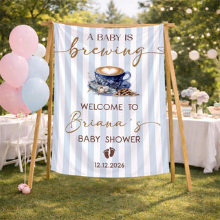 A Baby Is Brewing Silk Banner with Coffee Cup Artwork, Blue Striped Baby Shower Decor, Custom Name and Date for Boy Baby Shower