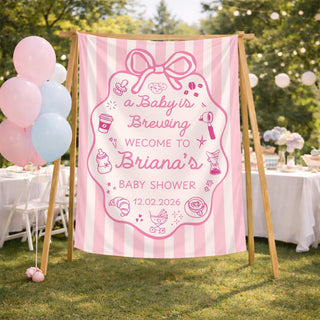 A Baby's Brewing Pink Striped Silk Banner with Custom Name & Date, Coquette Baby Shower Welcome Sign for Girl Party Decor