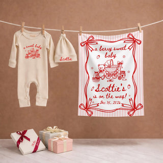 A Berry Sweet Baby Shower Bundle with Silk Banner, Baby Outfit & Hat, Personalized Name and Date, Strawberry Baby Girl Decor