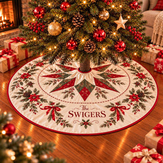 Bethlehem Star Christmas Tree Skirt with Holiday Florals and Custom Family Name, Elegant Personalized Christmas Decor