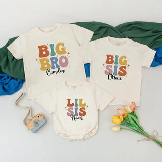 Big Bro, Big Sis, and Lil Sis Matching Shirts with Custom Names, Retro Pastel Sibling Outfits, Baby Sister Announcement Gift
