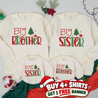 Big Brother Little Sister Christmas Sweatshirts with Festive Tree Artwork, Matching Holiday Family Outfits, Custom Names Included