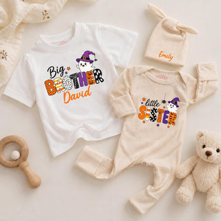 Big Brother Little Sister Halloween Shirts with Ghost & Witch Hat Design, Matching Sibling Outfits with Custom Name & Hat