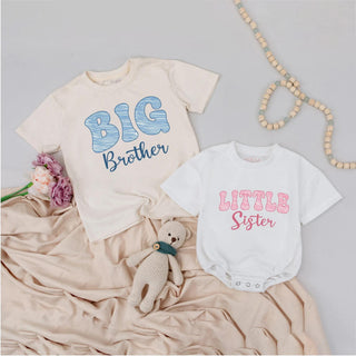 Big Brother & Little Sister Matching Shirt and Baby Romper, Custom Name Sibling Announcement Outfit, Sibling Matching Outfit