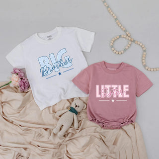 Big Brother and Little Sister Matching Shirt and Romper Set with Custom Names, Sibling Announcement Outfit for Family Photos