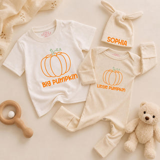 Big Pumpkin Little Pumpkin Matching Shirts with Custom Name Hat, Adorable Fall Family Outfits for Pumpkin Patch & Sibling Photos