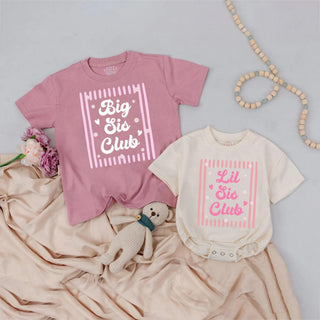 "Big Sis Club" and "Lil Sis Club" Matching Shirt & Romper Set, Sibling Outfits for Girls, Custom Name Sister Apparel Gift