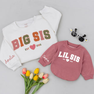 Big Sis and Lil Sis Matching Sweatshirts with Heart Graphic, Custom Names, and Est. Year, Perfect for Sibling Bonding Moments