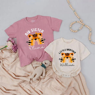 Big Sister Little Brother Matching Tiger Shirts with Custom Names, Safari Themed Sibling Outfits, Baby Announcement Gift Idea
