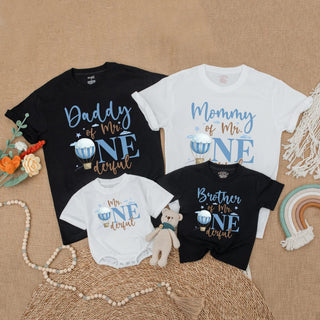 Blue Hot Air Balloon Mr Onederful Matching Family Shirts First Birthday Outfit for Baby Boy Parents Custom Party Gift Soft Cotton Design