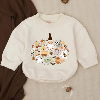 Boho Halloween Doodle Pumpkin Baby Sweatshirt with Cute Ghosts, Cats, and Fall Motifs, Neutral Spooky Newborn Outfit for Fall
