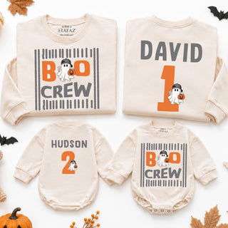 Boo Crew Family Matching Halloween Sweatshirts and Baby Rompers with Custom Name, Ghost Design for Spooky Season Outfits