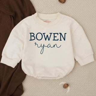 Bowen Ryan Baby Boy Bubble Romper with Custom Name, Soft Beige Long Sleeve Outfit, Newborn Gift for Baby Shower or Coming Home