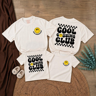 Cool Cousins Club Matching Family Shirts with Smiley Face and Checkered Print, Fun Family Reunion Outfits for Kids and Adults
