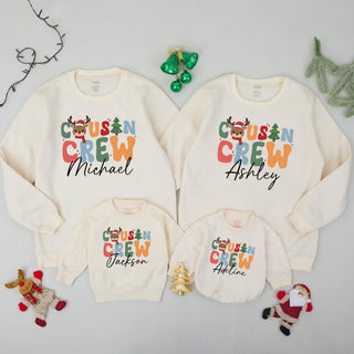 Cousin Crew Christmas Sweatshirts with Reindeer Graphic and Custom Names, Matching Family Holiday Outfits, Baby’s First Xmas Sweater