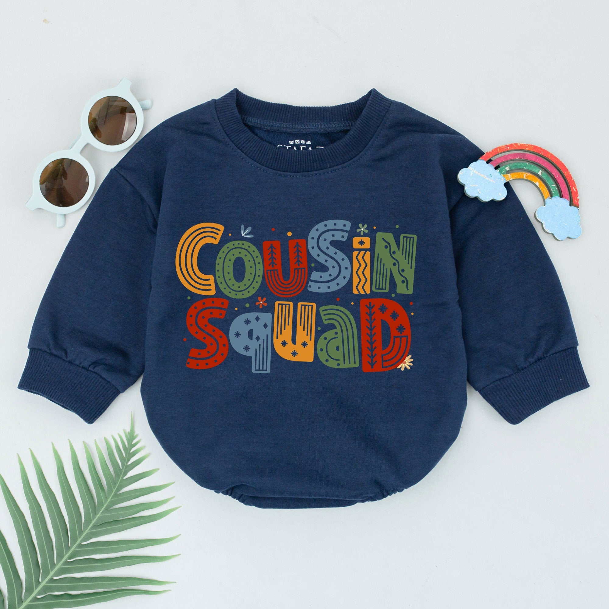 Cousin Squad Baby Romper Retro Font Bodysuit Vibrant Colors Polka Dots Stripes Comfortable Cotton Infant Outfit Perfect for Fun Gatherings