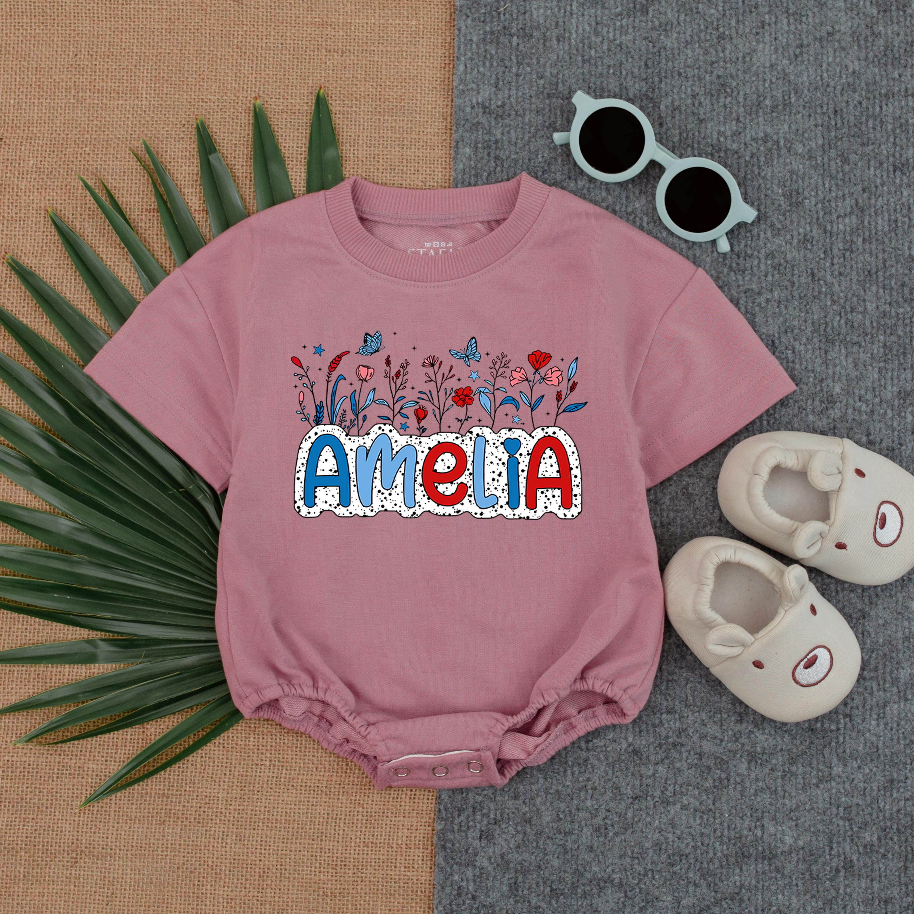 Custom 4th of July Baby Romper with Patriotic Wildflower Name Personalized Independence Day Outfit for Girls Soft Cotton Fun Design