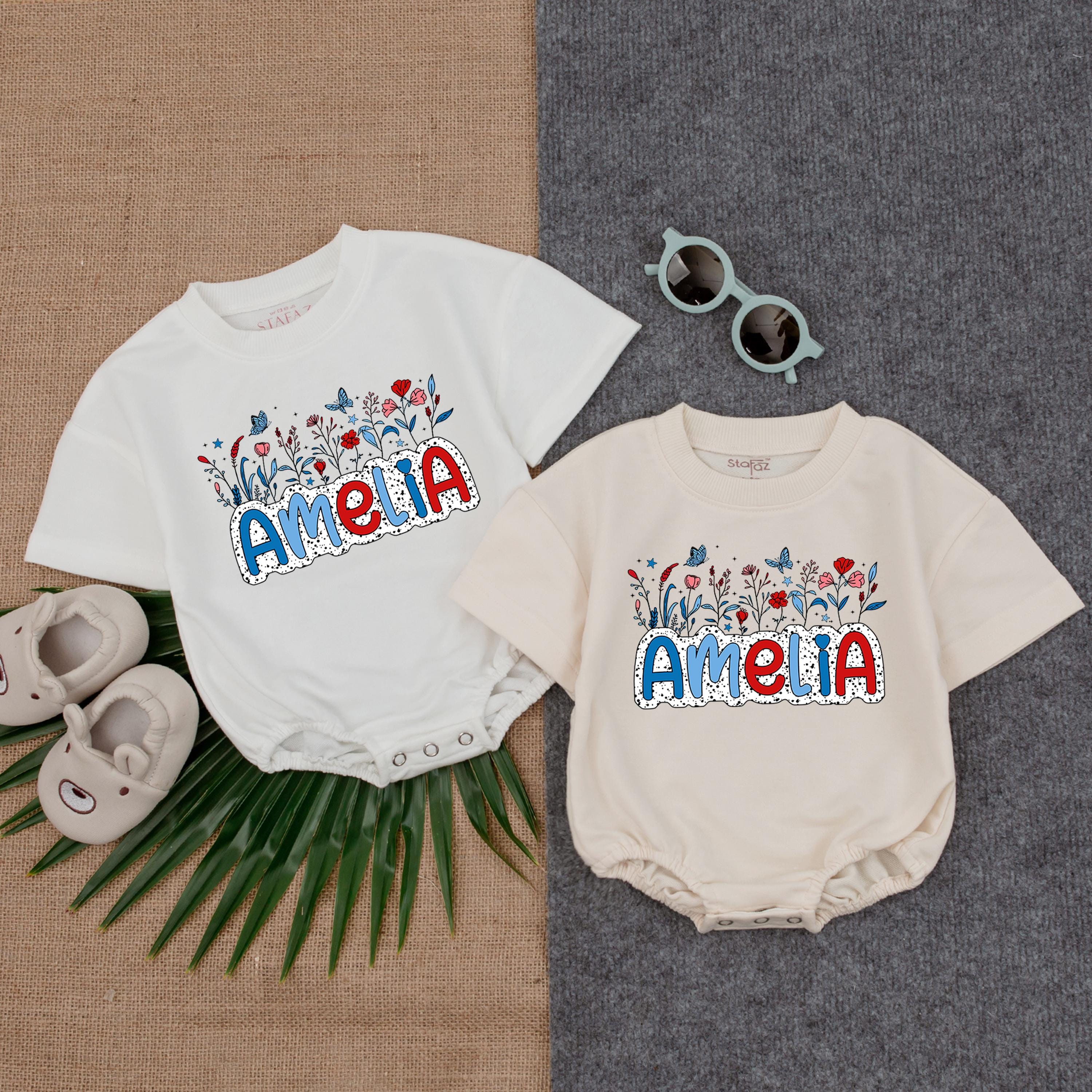 Custom 4th of July Baby Romper with Patriotic Wildflower Name Personalized Independence Day Outfit for Girls Soft Cotton Fun Design