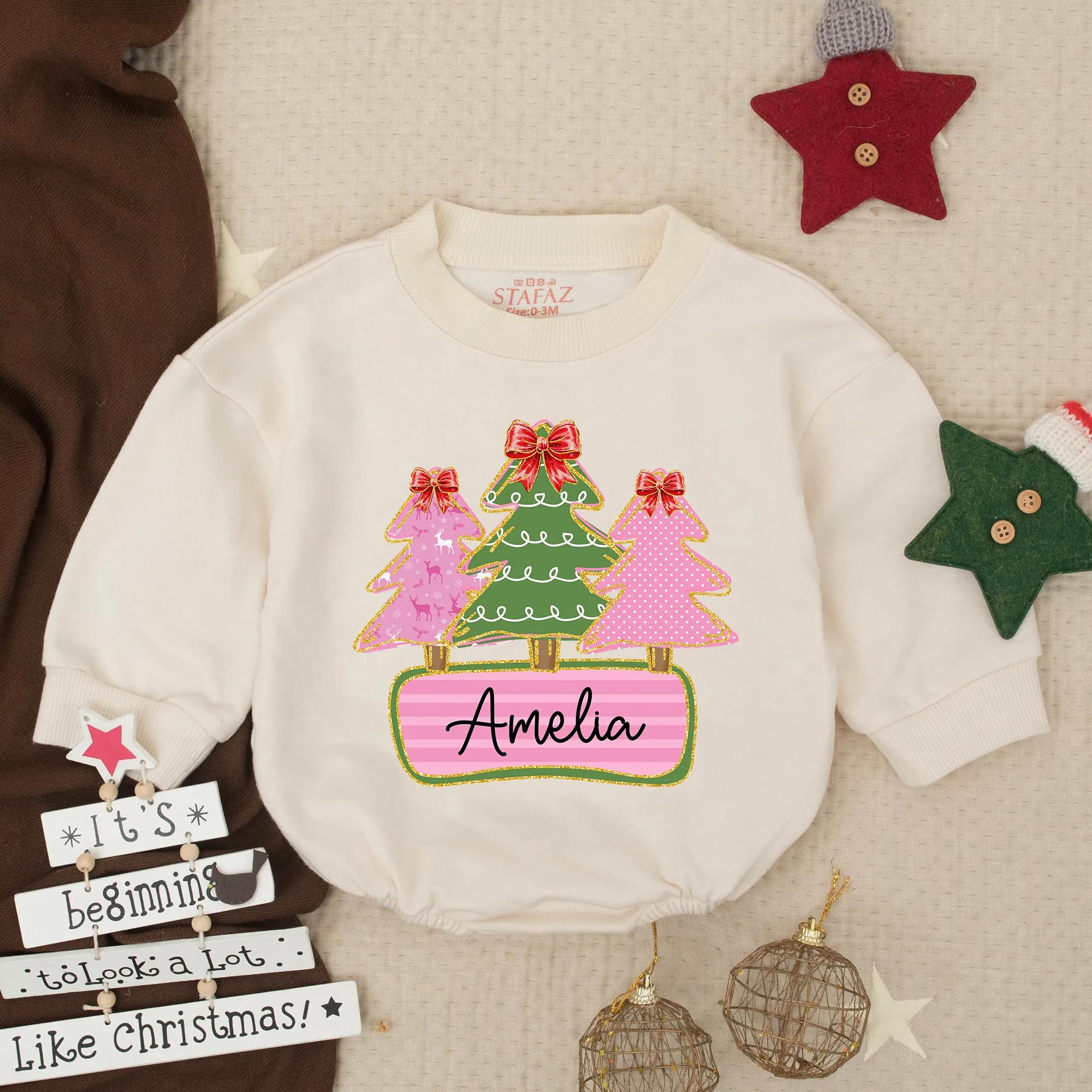 Custom Baby Girl Christmas Bubble Romper with Name Pink Green Trees Holiday Outfit Festive Toddler Gift Soft Cotton Personalization