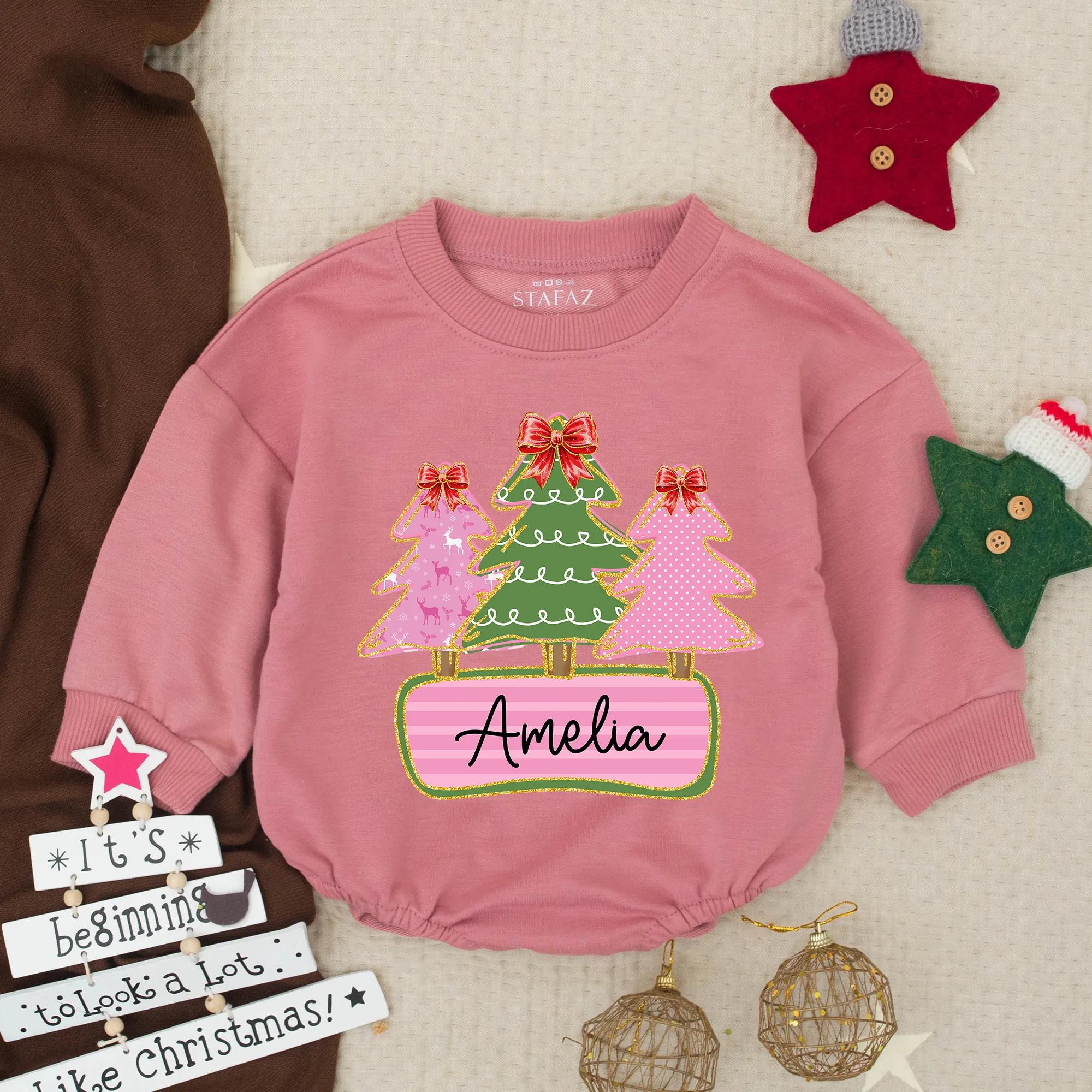 Custom Baby Girl Christmas Bubble Romper with Name Pink Green Trees Holiday Outfit Festive Toddler Gift Soft Cotton Personalization