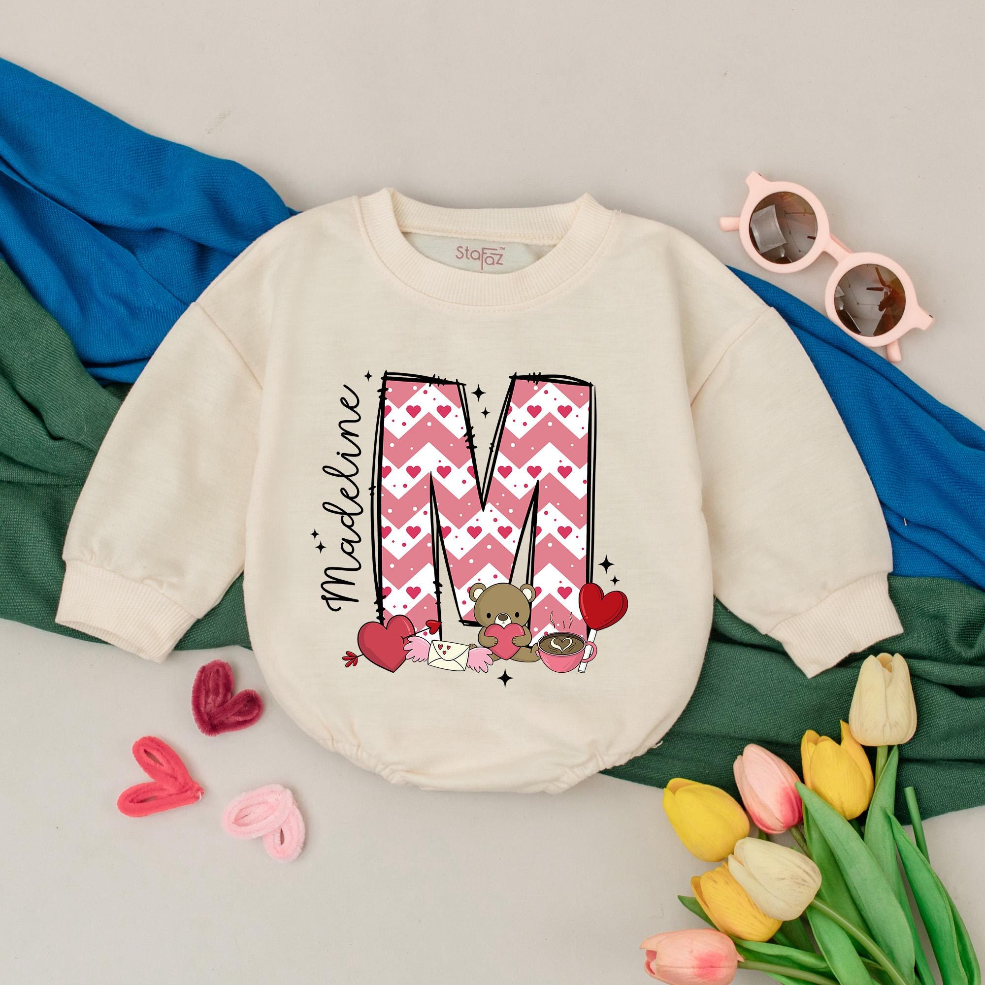 Custom Baby Girl Valentine Romper Pink Chevron M Teddy Design First Holiday Outfit Infant Gift Newborn Clothes Soft Cotton Style