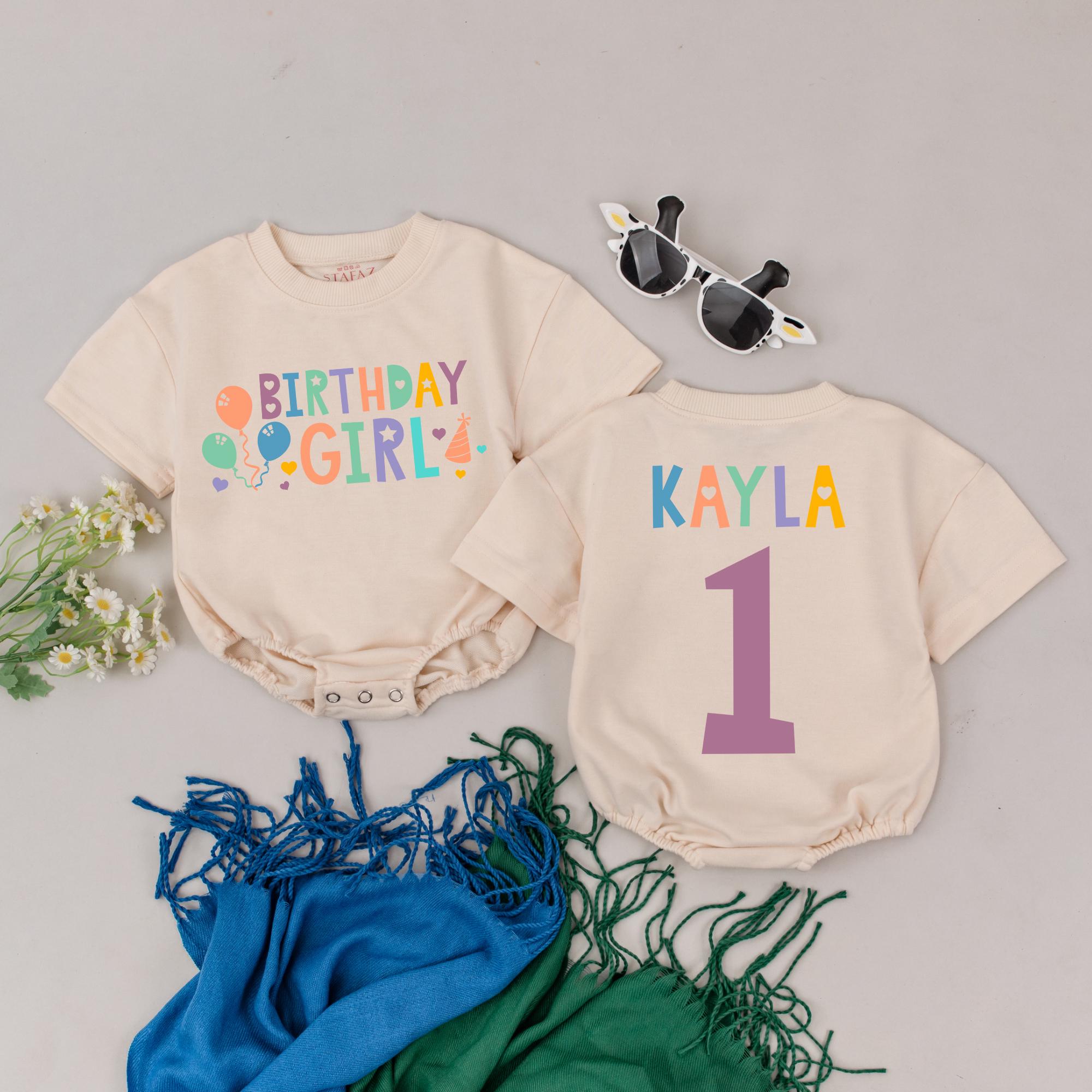 Custom Birthday Girl Romper for Infant Vibrant 1st Birthday Outfit Personalized Name Bodysuit Colorful Balloons Stars Design