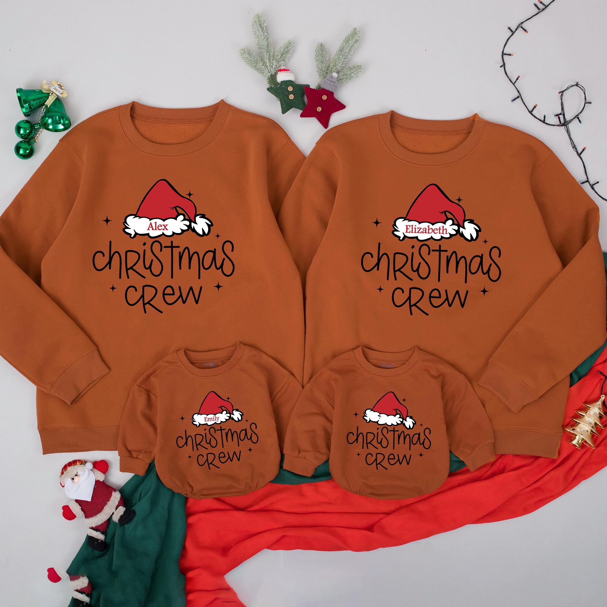 Custom Christmas Family Sweatshirts Personalized Santa Hat Outfit Holiday Crew Apparel for Mom Dad Kids Baby Toddler Festive Gift