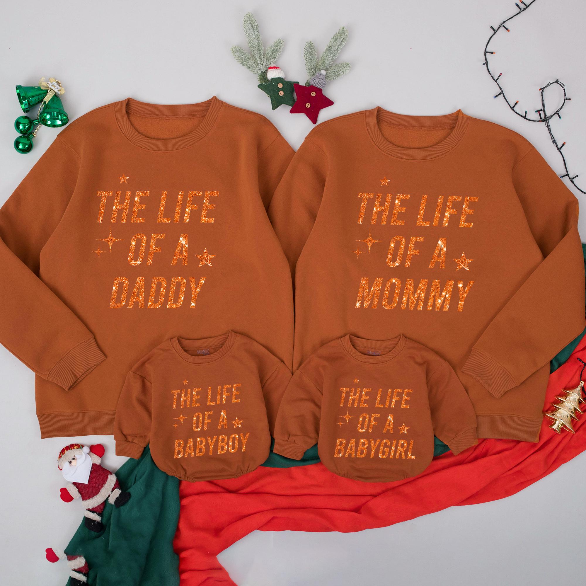 Custom Family Sweatshirt and BabyGirl Romper Matching Outfits Vibrant Orange Text Stars Mommy Daddy BabyBoy BabyGirl Cotton Comfort