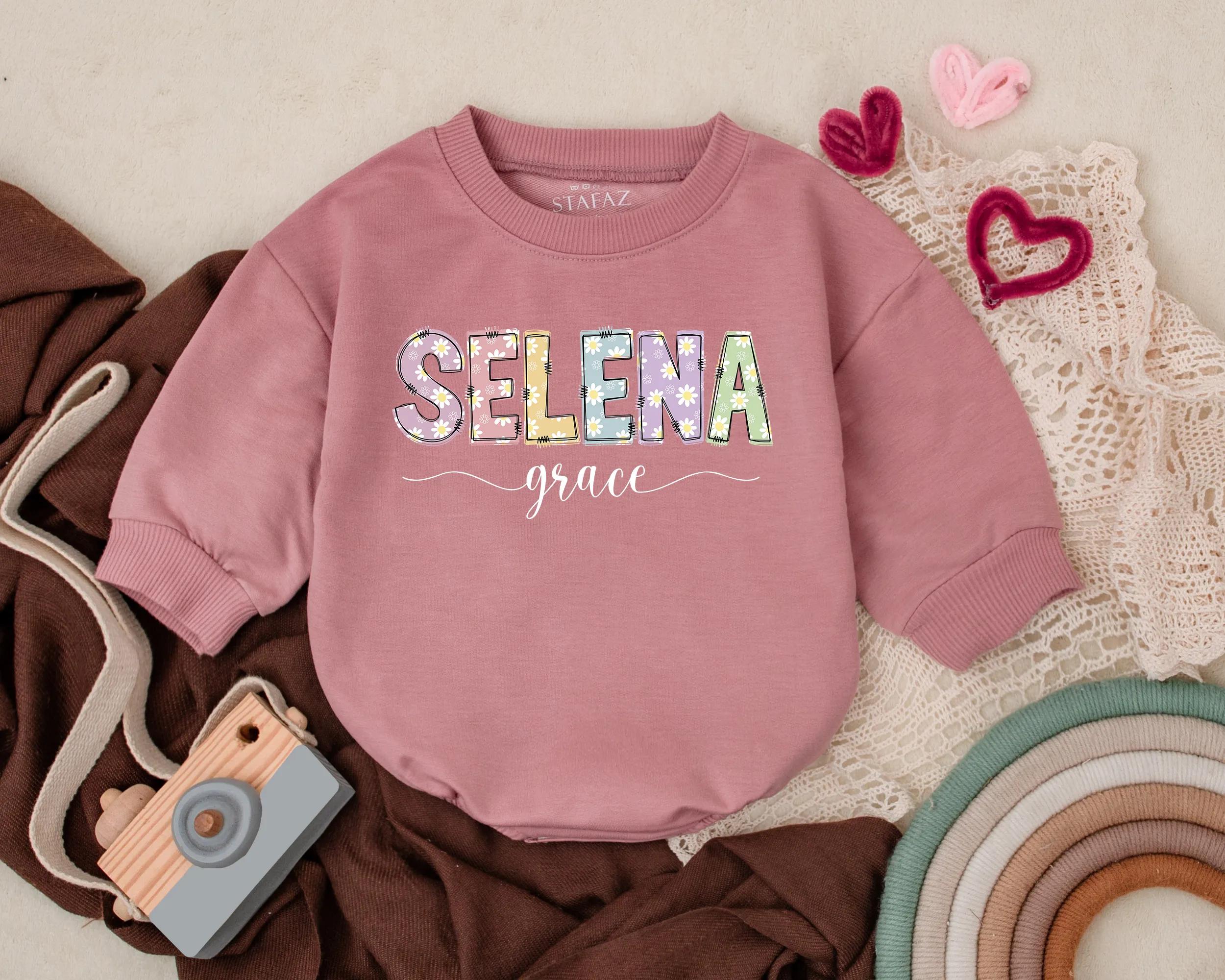 Custom Floral Baby Girl Romper with SELENA Name Soft Summer Outfit Perfect Spring Gift Lavender Accent Cotton Fabric for Comfort