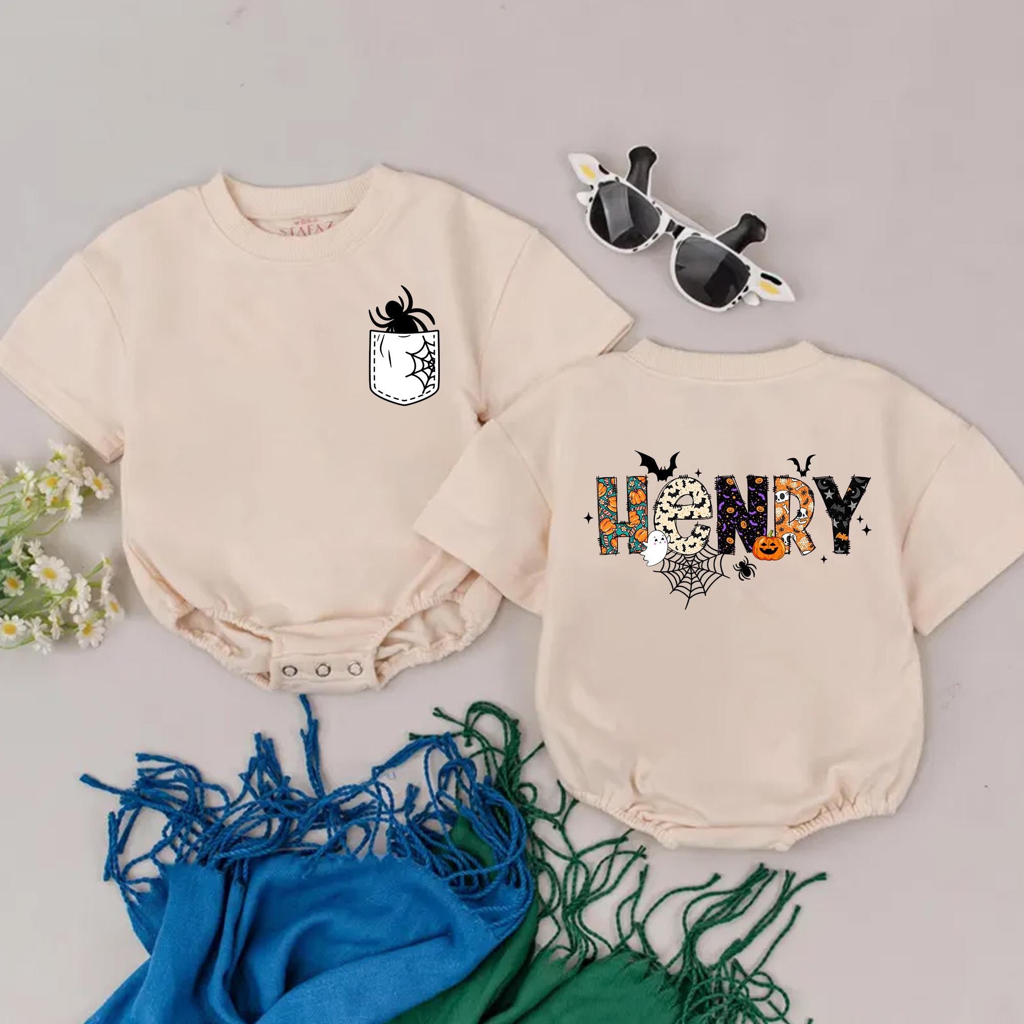 Custom Halloween Baby Romper with Spooky Spider Pocket and Festive Name Pattern for Infant Boy's First Holiday Celebration Gift