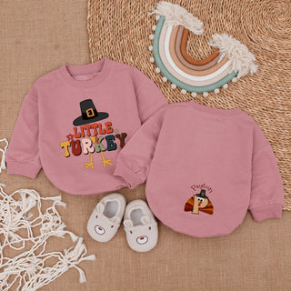 Custom Little Turkey Baby Romper My First Thanksgiving Outfit Personalized Turkey Feet Pilgrim Hat Festive Toddler Gift