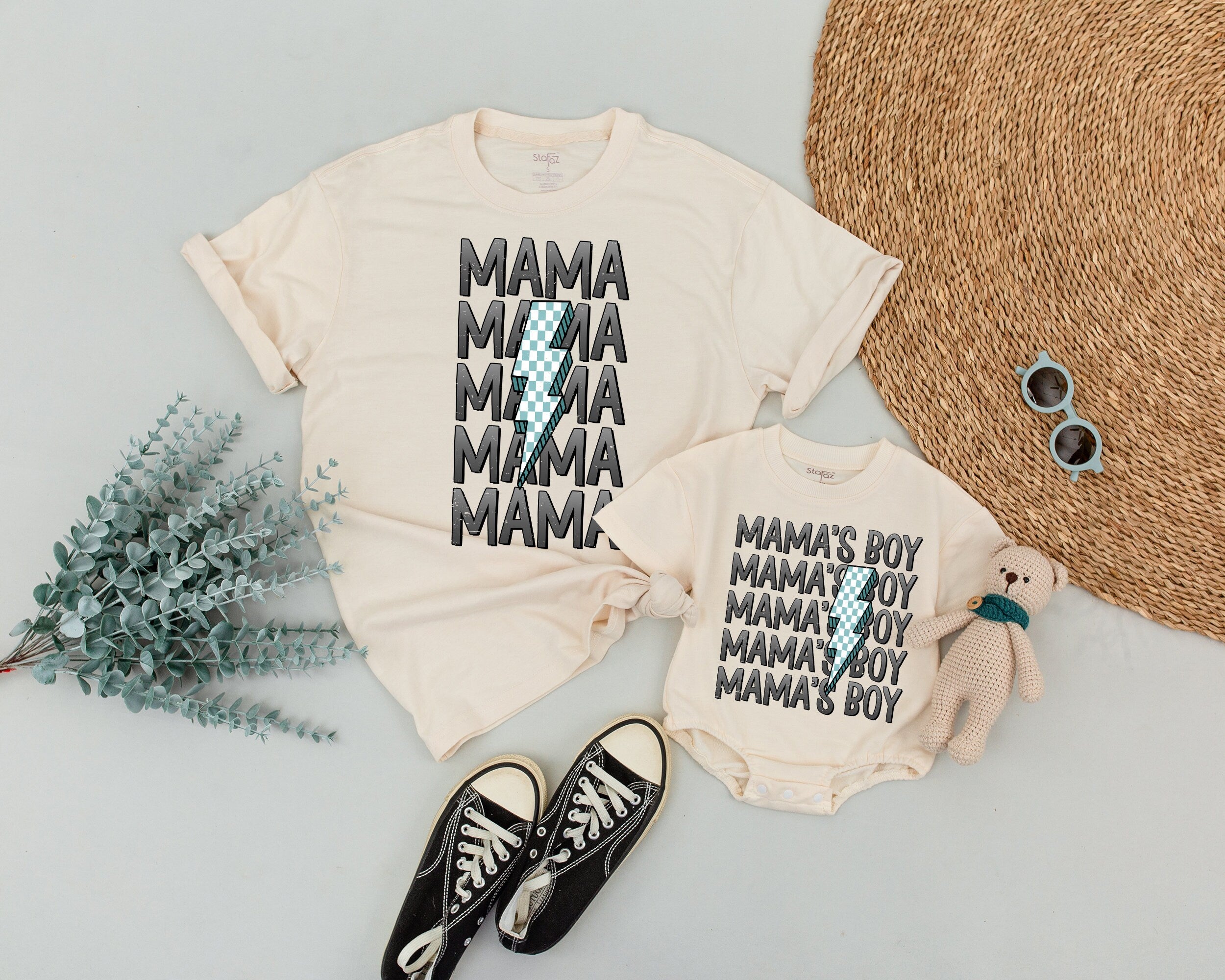 Custom Mama and Mama's Boy Matching Shirts Blue Checkered Lightning Bolt Family Outfits Baby Shower Gift Soft Cotton Toddler Clothes