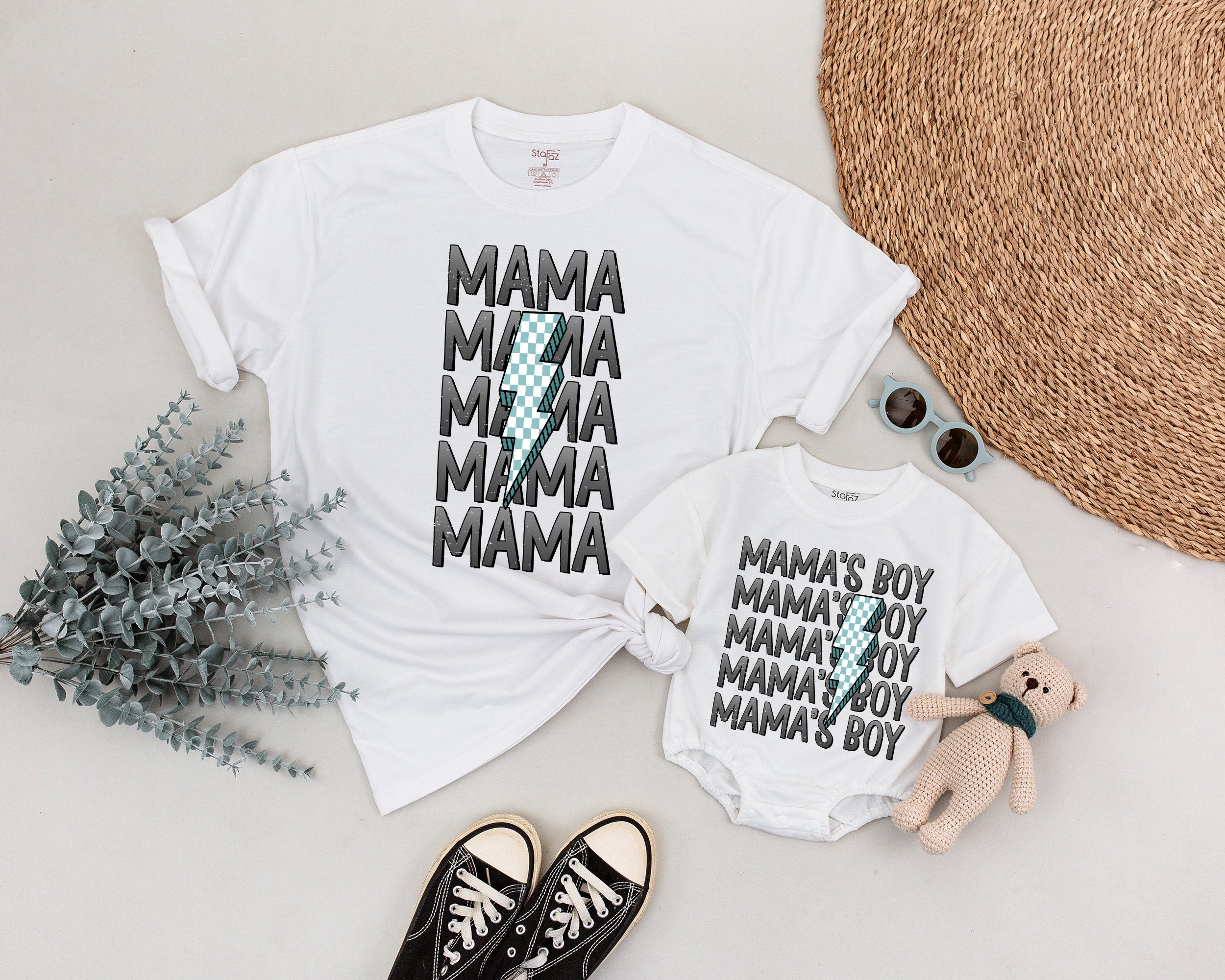 Custom Mama and Mama's Boy Matching Shirts Blue Checkered Lightning Bolt Family Outfits Baby Shower Gift Soft Cotton Toddler Clothes