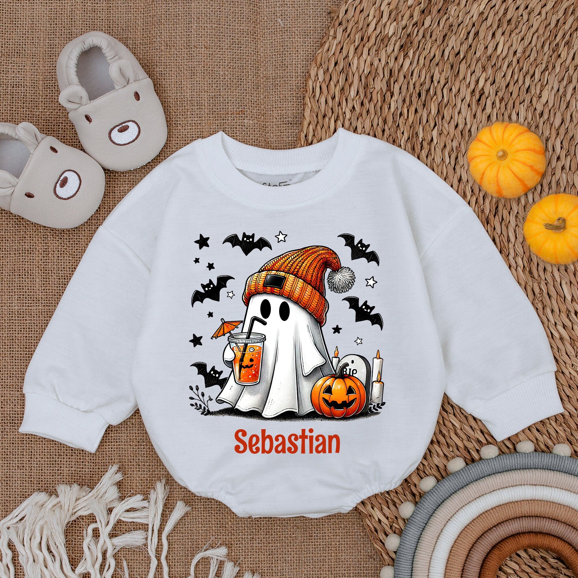Custom Name Cute Ghost Halloween Baby Romper with Pumpkin and Beanie Soft Cotton Outfit Perfect Holiday Gift for Infant Party