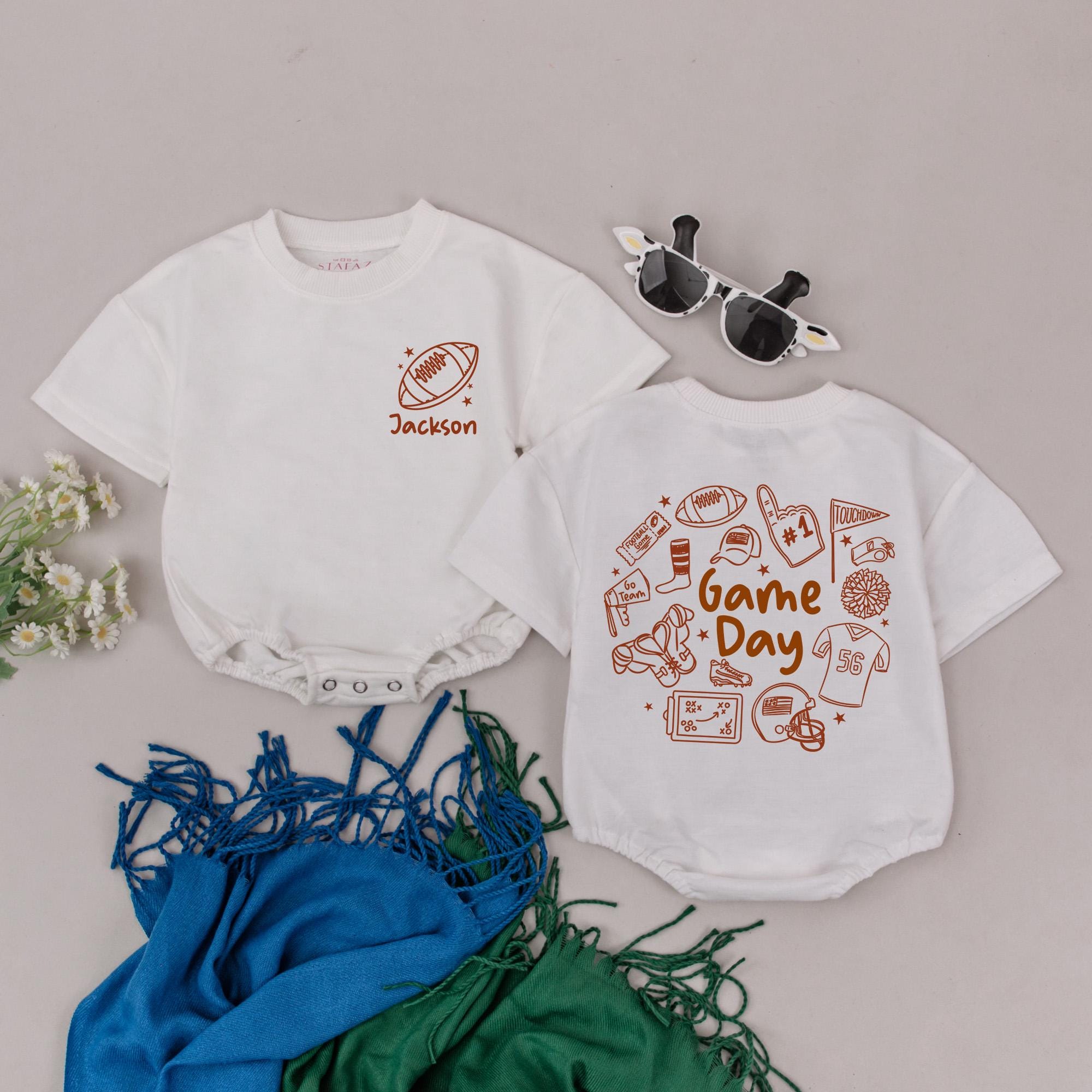 Custom Name Football Baby Romper Retro Game Day Outfit Brown Doodles Personalized Infant Bodysuit Gift for Baby Shower or Birthday