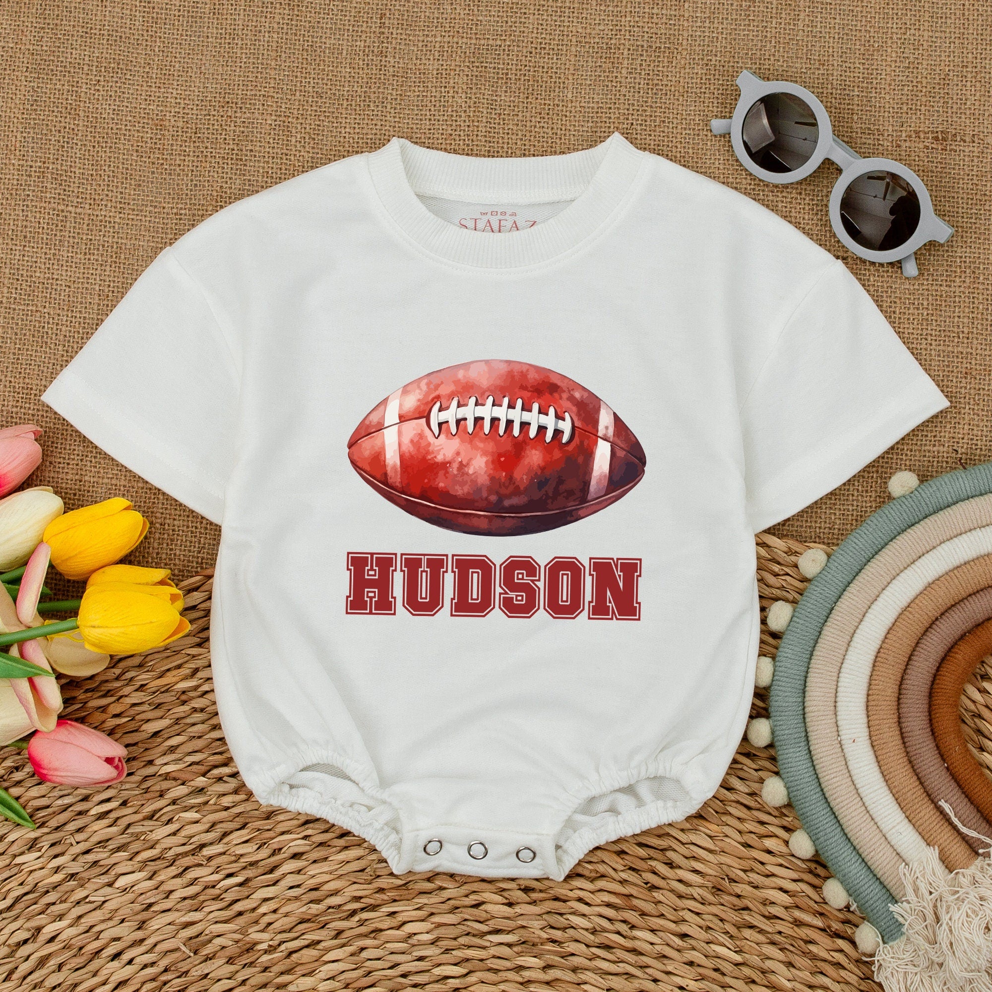 Custom Name Football Baby Romper Sporty Gameday Bodysuit with Hudson Graphic Soft Cotton Short Sleeve Baby Shower Gift