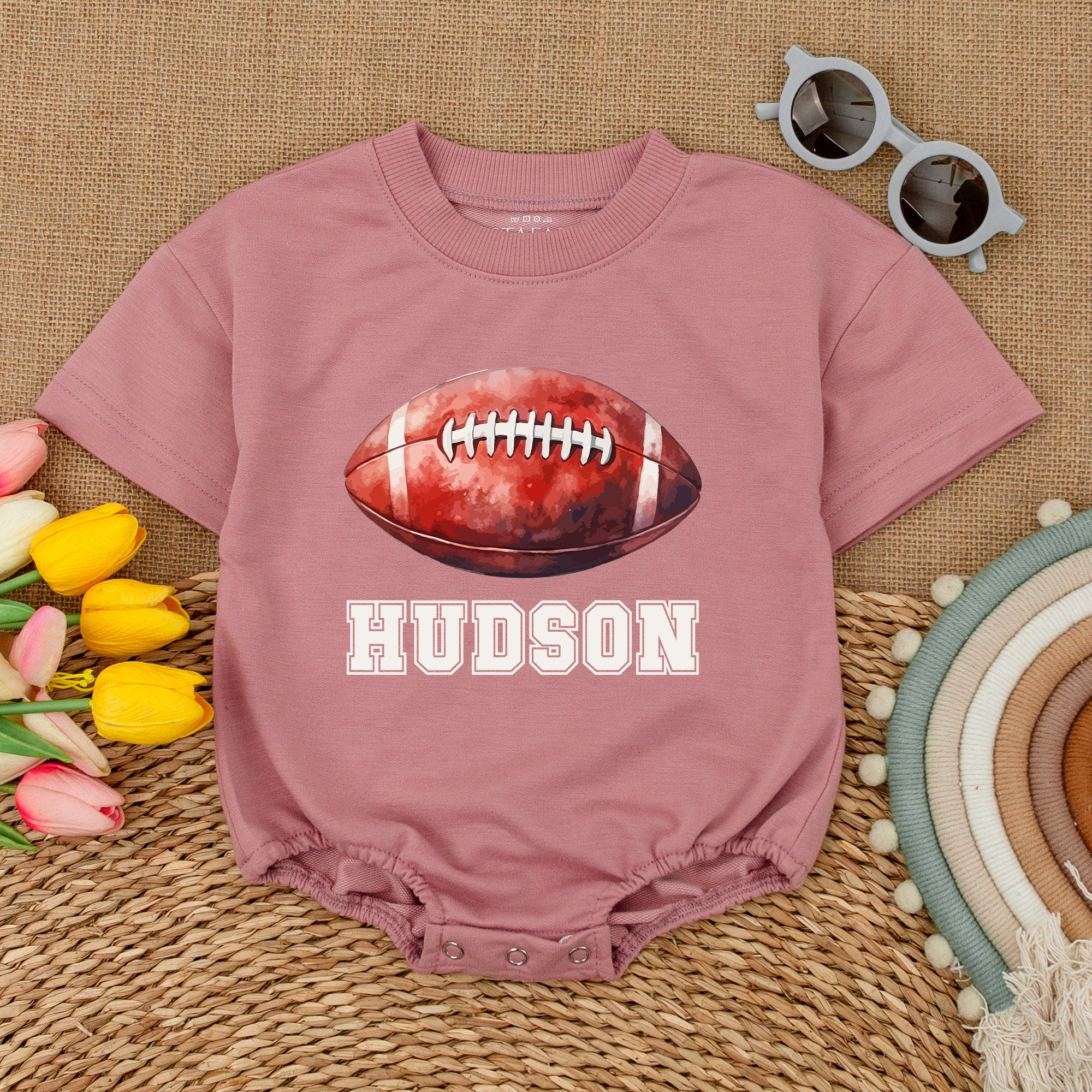 Custom Name Football Baby Romper Sporty Gameday Bodysuit with Hudson Graphic Soft Cotton Short Sleeve Baby Shower Gift