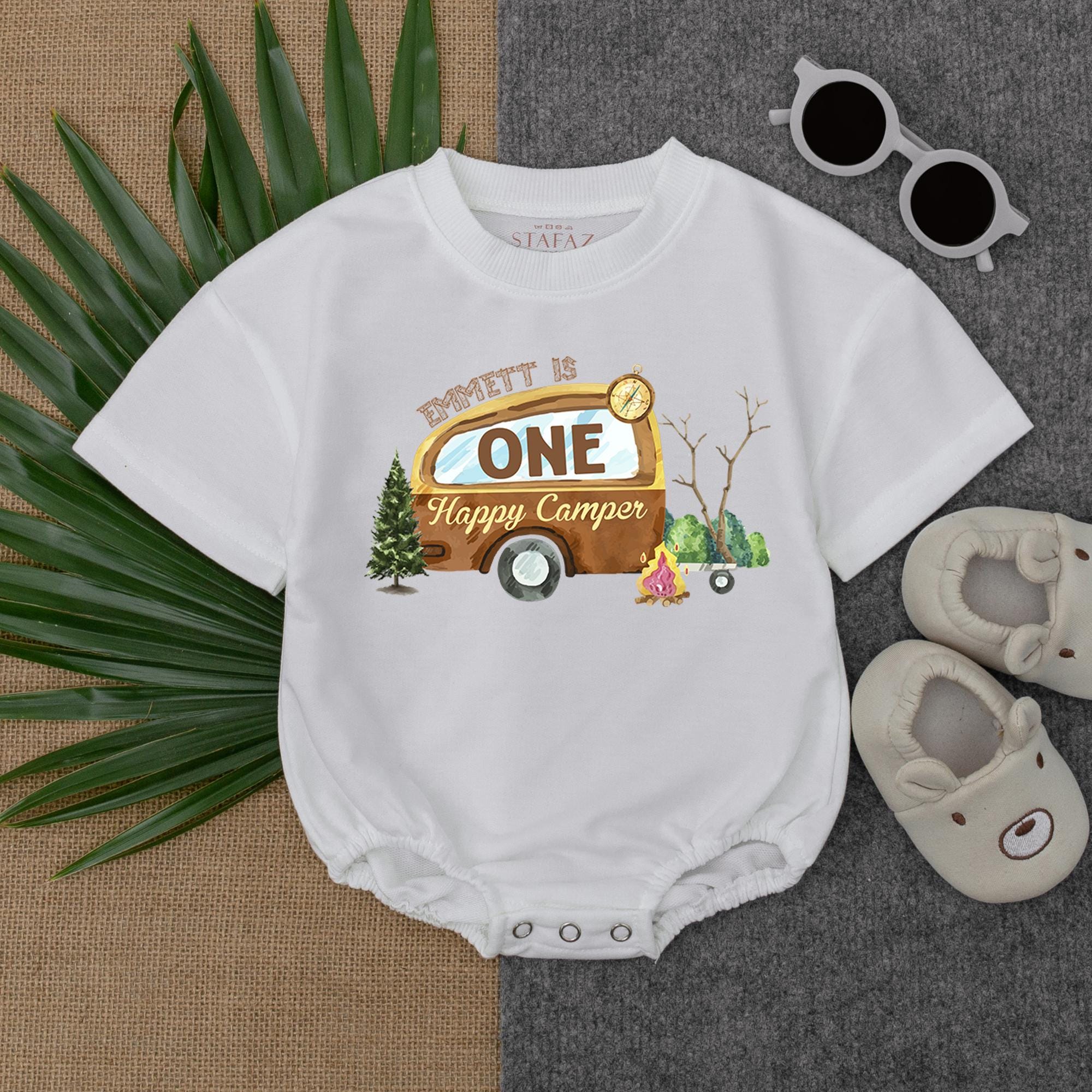 Custom One Happy Camper Baby Romper Camping 1st Birthday Boy Outfit Soft Cotton Adventure Clothes Personalized Name Gift